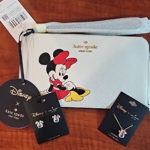 Kate Spade x Disney Minnie Mouse White Wristlet Bundle With Earrings & Necklace